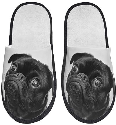 CZZYH Herren und Damen Hausschuhe, schwarze stumpfe Mops-Hausschuhe, weich, warm, leicht, Large