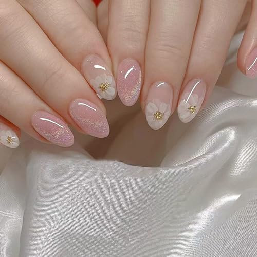 24Pcs French Short Almond Pink Flowers Press on Nails - Ballerina Glitter Glue on Acrylic Full Cover Fake Oval Artificial Stick on for Woman Girls Manicure Decoration