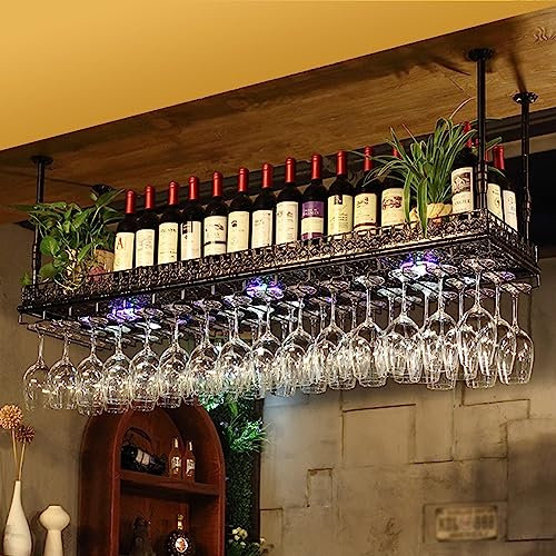 ANram Weinregal zur Wandmontage – Decken-Weinregale, Dekorationsregal mit Licht, an der Decke hängender Weinflaschenhalter, Weinglasregal für Küche, Bar, Dekor, Organizer