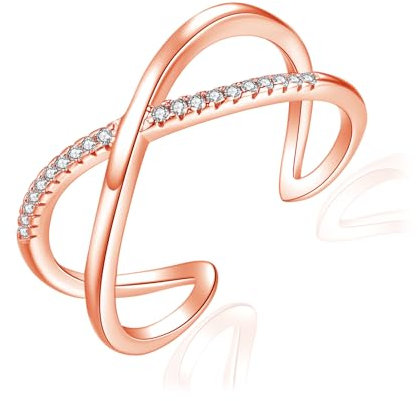 Josfeva Silber Damen Ringe, 925 Sterling Silber Verlobungsring Eheringe Band Ring, Verstellbar Stapelbare X-Form Ring mit Zirkonia, Rosegold Trendy Minimalistischer Daumenring für Liebe Braut Freund