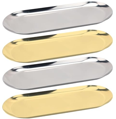 MUXHEL 4er-Set 30x12cm Tablett Gold, Edelstahl Serviertablett Gold, Goldener Teller Tablett, Servierteller Schmuckständer, Silber Dekotablett, Oval Ablageschale, Servierplatte für Dessert Schmuck
