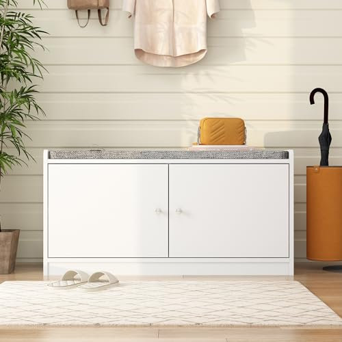 Schuhbank mit Sitzfläche, Schuhschrank, Schuhregal, Garderobenbank mit Stauraum für Eingang, Flur, Dile, Wohnzimmer, Schlafzimmer, Umkleidezimmer,Schuhwechselbank , MDF, weiß , 91 cm x 35 cm x 46 cm
