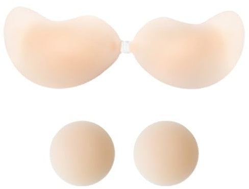 Hanaoops Soutiens-Gorge en Silicone Adhesif Push Up Invisible Femme Soutien Gorge Dos Nu Soutiens-Gorge Adhésifs sans Bretelles Fin Réutilisables pour Robes de Soirée avec 2 Cache-tétons