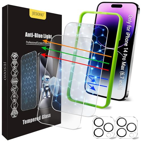 JESOHO Screen Protector for iPhone 14 Pro Max [6.7 Inch],2 pcs HD Colorless Anti-Blue Light Tempered Glass Films, 9H Hardness, No Bubbles, Case Friendly with 2 pcs Camera Lens Protector