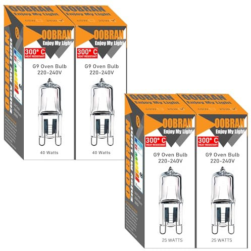 OOBRAN G9 Halogen Oven Bulb 40W 230V 300℃ Heat Tolerant for Neff/AEG/Smeg/Zanussi/Bosch/Oven Light Bulb 2 Pack [Energy Class G] (25, Watts)