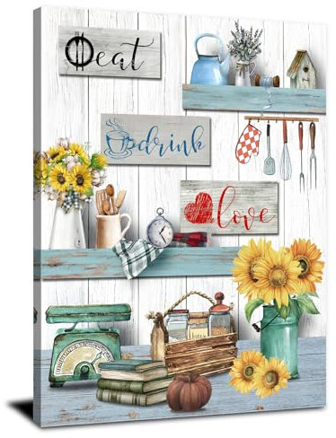 Arte rústico de pared de cocina, imágenes de girasol, decoración de pared, utensilios de cocina, impresiones en lienzo para comer, beber, amor, letreros para decoración de comedor, obras de arte