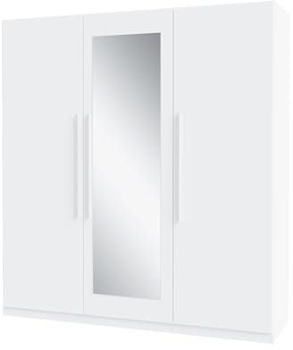 FORTE Helen Schrank 180, Kleiderschrank Weiß mit Spiegel, Modern Drehtürenschrank, 3-türig, Schlafzimmerschrank, Flurschrank, Holzwerkstoff, Weiß, 180,6 cm breit x 212,9 cm hoch x 59 cm tief