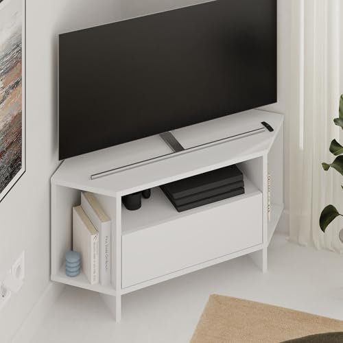 HOCUS PICUS Modern Corner TV Unit up to 42 Inch TVs, Push to Open Door TV Storage Cabinet and 3 Open Shelves, 95.7(H) cm TV Table for Living Room, Bedroom (White)