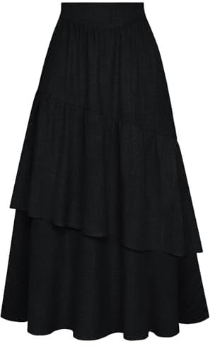 Belle Poque Langer Rock Damen Lässige A-Linie Boho Röcke Mehrschichtiger Stufenrock mit Taschen Schwarz S