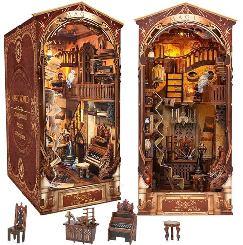 Qurxuanwe Magische Welt DIY Book Nook Kit mit Staubschutzhülle und Sensor LED-Licht, 3D Holzpuzzle Puppenhäuser Miniatur Haus Kit, Buch Ecke Dekoration Holz Puzzle Buchstützen für Erwachsene ab 14+