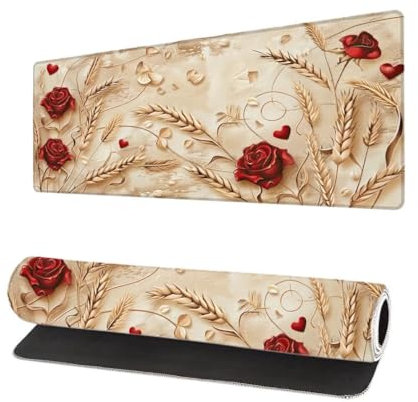 Grand Tapis de Souris XXL 900x400x3mm, Tapis de Souris Gamer Rose avec Surface en Antidérapant Résistant à l'eau Tapis de Bureau Mouse Pad Beige, sous Main Souris à Bords Cousus pour Bureau H-3