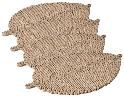 Set mit 4 handgewebten Platzsets in Blattform – natürliches Rattan, hitzebeständig, Boho-Chic, Weiden-Tischsets für Esszimmer, Küche, Hochzeit, Bauernhaus, Party-Dekoration (S: 24,1 x 16,5 cm)