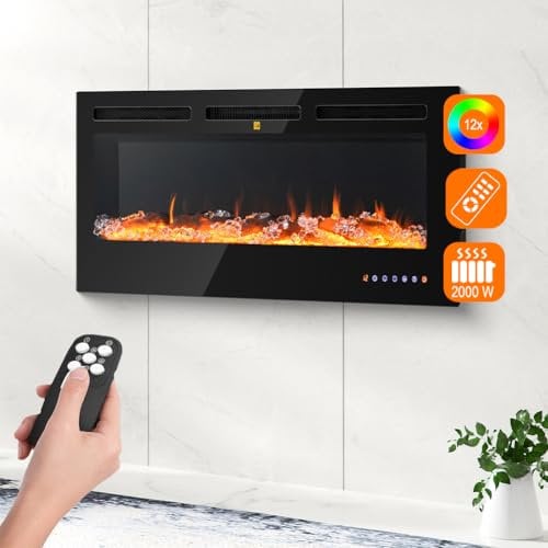 BAKAJI Camino Elettrico da Parete Incasso a Muro, Elettrocamino 3D con 12 modalità di colore LED Effetto Fiamma, Silenzioso Design Moderno, Stufa a Parete 42 Effetto Fuoco Naturale (Livigno 120 cm)