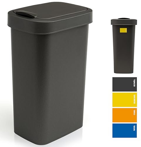 Hausfelder Mülleimer 50l groß mit Deckel in schwarz, Schwingdeckel Abfalleimer Küche mit 50 Liter, Tonne für Abfall, Recycling und gelber Sack