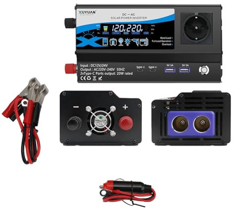 WODHMIEY Inverter di corrente 12 V 24 V 220 V per auto e camion, 1000 W Convertitore di tensione, uscita AC, 2 USB, 2 Type-C, caricatore rapido, adattatore accendisigari con schermo LCD e luce