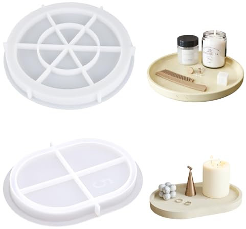 Lucywey 2-in-1 Silikonform Tablett Set (2 Stück) – Rund & Oval mit Rillen für Epoxidharz & Betonformen, DIY Gießformen als Dekorative Ablageform zur Tischgestaltung (21.1cm + 16.5cm)