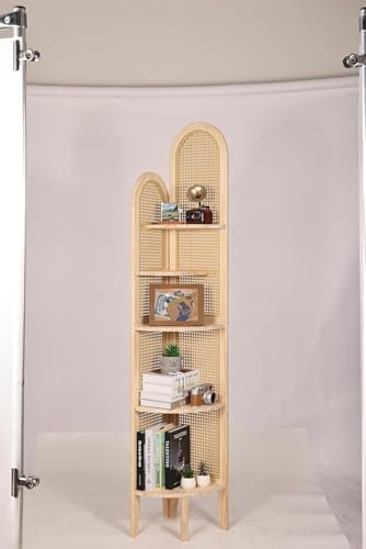 Eckregal, Bücherregal Rattan Regal Holz Eckregal stehend mit 5 Ebenen für Wohnzimmer, Schlafzimmer, Büro, Naturholzfarbe