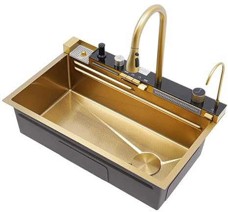 Multifunktionale Gold Küchenspüle 75x46 cm – Nano Edelstahl Spülbecken mit Display, ausziehbarem Wasserhahn & Tassenreiniger