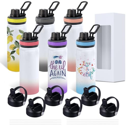 CoolSub Borraccia sportiva a sublimazione, 590 ml, bicchieri a sublimazione a doppia parete in acciaio inox con coperchio a bocca larga e cannuccia, 6 confezioni