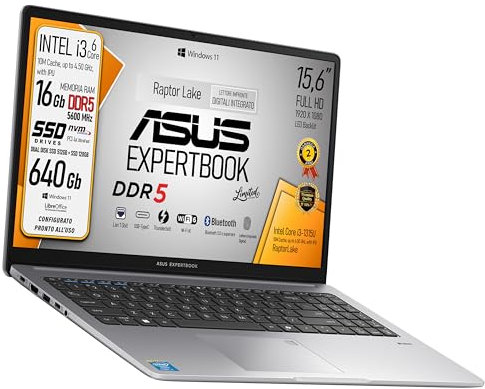 ASUS Expertbook, PC Portatile, cpu Intel Core i3 1315U 13Th 6Core, Ram DDR5 16Gb, SSD pci Nvme 640Gb, 512Gb+128Gb Display 15,6 Led FHD, Wi-Fi 6, 4 USB, BT, lan, Win11, fingerprint, pronto all'uso