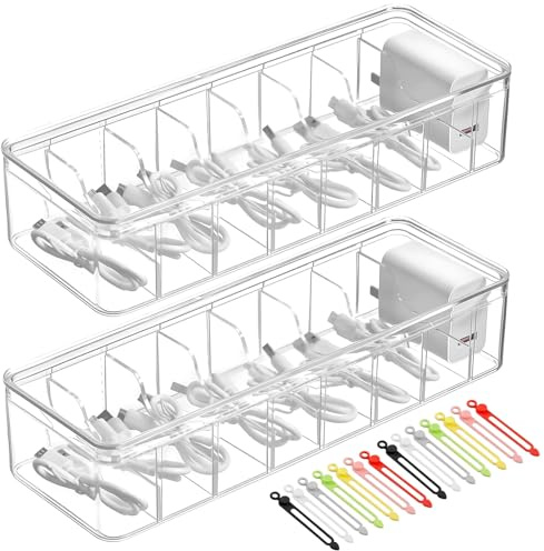 PlsMupn 2 Stück Kabel Organizer Box, Kabel Aufbewahrungsbox mit Deckel, Kabelorganizer Box mit 8 Fächer und 24 Kabelbindern, Ladekabel Organizer für Kabelaufbewahrung,Cable Management für Schreibtisch