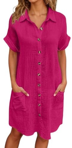 Onsoyours Vestiti Estivi Donna Scollo a V Manica Corta Casuale Button Vestito Eleganti Tinta Unita Abiti Corto con Tasche