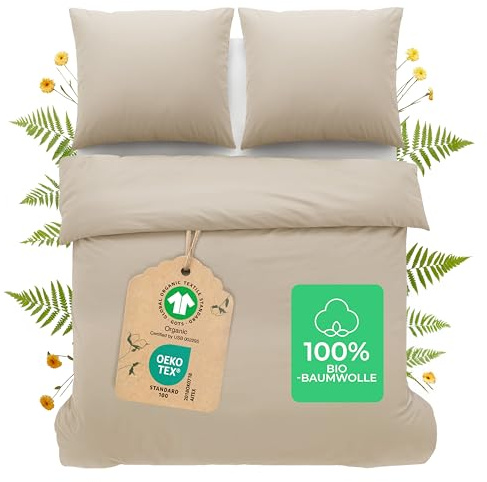 Dreamzie - Bettwäsche 155x220 + 2 Kissenbezüge 80x80 - Bio-Baumwolle | Beige · 3-teiliges Set · 180 TC · Atmungsaktiv · OEKO-TEX & GOTS Zertifiziert · Reißverschluss · Pflegeleicht