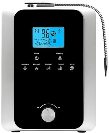 Memykoy Ionizzatore e purificatore d'Acqua, Acqua acida alcalina PH 3-11, ORP Fino a -800 mV, Filtro da 8000 l, elettrodo a 11 Piastre, autopulente, Schermo LCD Intelligente da 3,8. Black2