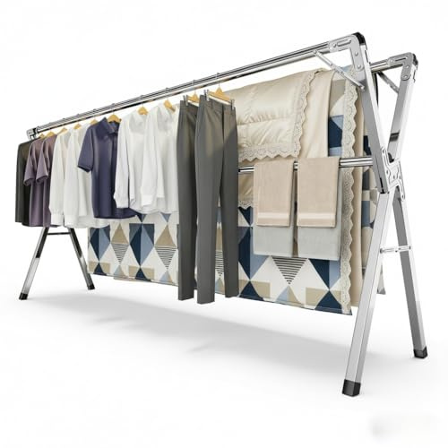 Wäscheständer aus Edelstahl klappbar, Wäschetrockner für Innen & Außen, verstellbar 140–240 cm, Jede Stange bis 60 kg belastbar, 40 Winddichte Kleiderhaken, großer Kleiderständer