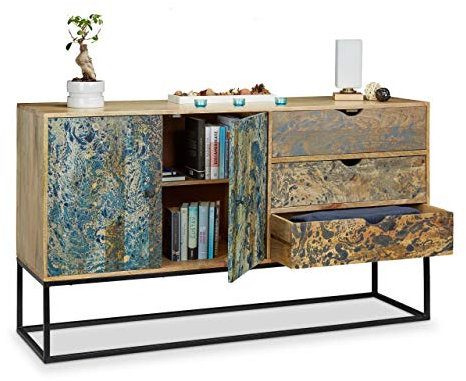 Native Home Sideboard Marmor-Optik, Kommode Mango-Holz, Highboard 3 Schubladen, Anrichte massiv, HBT ca 90 x 160 x 45 cm