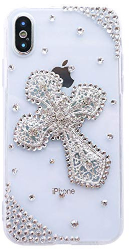 DMaos iPhone X/iPhone Xs Case for Women, Cross Design for Christ, Bling Rhinestone Snow Bling Diamond Clear Soft Rubber Cover for iPhone 10/10s 5.8 Inch
