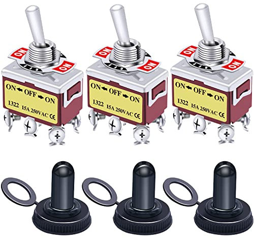 Taiss 3 pezzi Interruttore a Levetta 3 Posizioni DPDT ON/Off/ON 6 Pin Metallo Interruttore a Bilanciere 10A 220V-250V AC con Cappuccio Impermeabile,per Auto,Camion,Barca Ten-1322