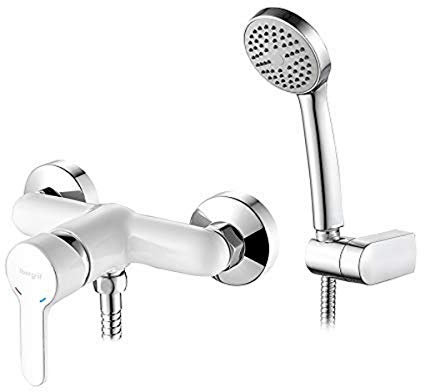Ibergrif, M12022w Square, Completo de, Grifo, Mezclador de Ducha con Alcachofa, Soporte, Manguera, Blanco/Plata