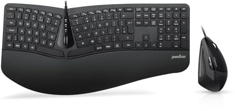 Perixx Periduo-505, Wired Ergonomic Split Keyboard and Vertical Mouse Combo with Adjustable Palm Rest and Membrane Low Profile Keys, UK Layout