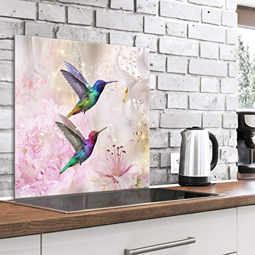 murando Glass Splashback for Kitchen Backsplash Cooker Protector Tempered Glass Decorative Wall Art Panel Heat Resistant Graphic 60x60 cm / 24x24 Kolibri Flowers Birds Peony Lilly g-A-0209-aq-a