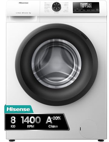 Hisense WF1Q8041BW2 - Lavadora, Class A, 8 Kg, 1400 rpm, Alto 85 cm x Ancho 60 cm, Color Blanco, Función Vapor 99,9%, Lavado Rápido+, Lavado Automático, Finalización Diferida, Tecnología Inverter