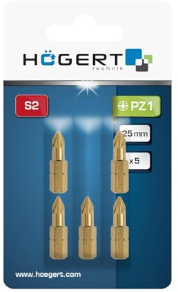 HÖGERT TECHNIK – PZ1 Bits 25 mm, 5 Stück, aus S2-Stahl, TiN-beschichtet, Slim-Profil, 1/4 Sechskantschaft, DIN 3126, hohe Präzision und Langlebigkeit für Akku- & Netzschrauber