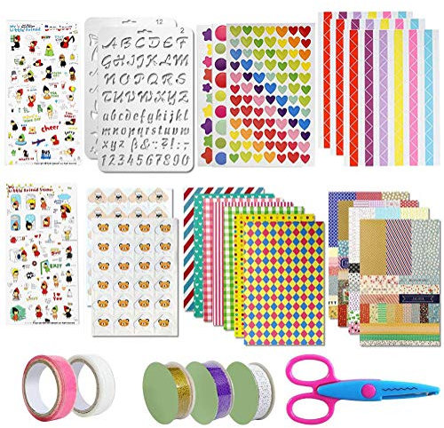 YXHZVON 49 Stück Sammelalbum Zubehör Set, Foto Ecke Bunte Aufkleber Band Zeichnung Vorlage Schere Handwerk Zubehör für DIY Fotoalbum Design Tagebuch Dekoration