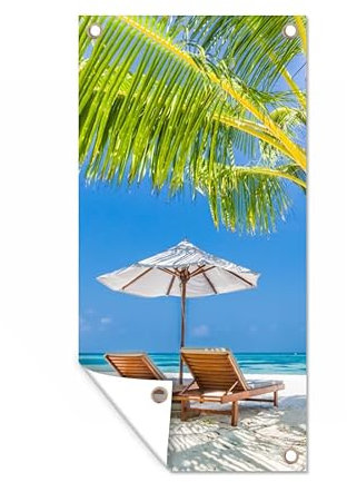 MuchoWow Outdoor-Poster Poster Wanddeko draußen Deko Garten Gartenposter 80x160 cm Palme - Strandkorb - Sonnenschirm