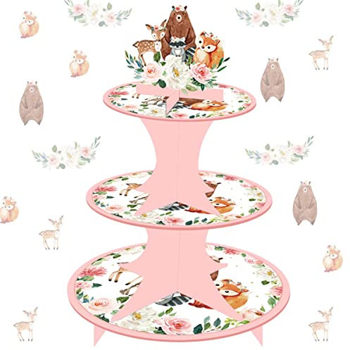 Cupcake-Ständer mit Waldtieren für Mädchen Rosa 3-stöckige Tortenständer für Babyparty Dschungeltiere Cupcake-Turm Dekorationen für Waldgeburtstag Tierthema Party Kuchenhalter Dekorationen für Kinder