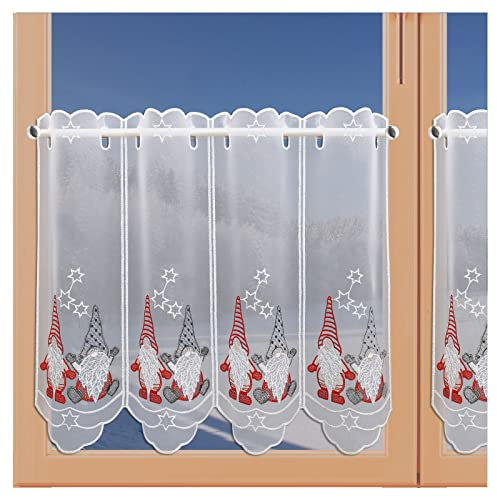 artex deko Bezaubernder Winter-Scheibenhänger Schneewichtel Weihnachtsgardine aus Plauener Spitze mit rot-Grauer Stickerei 45 x 48 cm