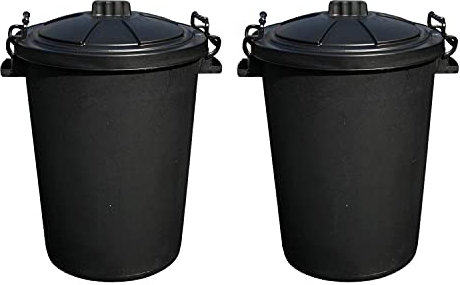 TENLITE Set of 2-50Litre Black Heavy Duty Plastic Clip Lock Lid Bin Indoor or Outdoor Rubbish, Trash Can, Dustbin Waste or Storage of Animal Feed, Colourful Bins - Made in U.K. (Black)