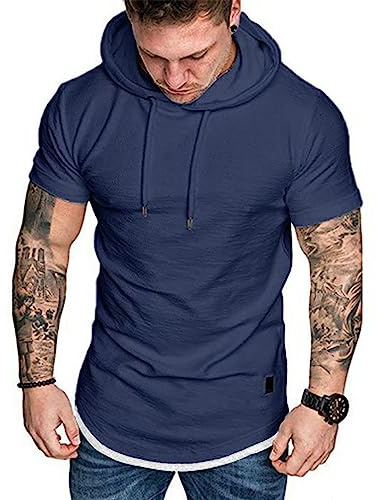 Mens Short Sleeve Hoodie T-Shirt-Leisure Fitness Short Sleeve for Men Navy M