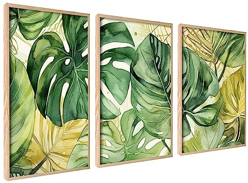 ag.art deco Nature Poster Set With Palm Leaves Monstera | 3 Pieces 50x70cm | Leaves Wall Decoration Set Stylish Plants Pictures Green Tropical Living Room | Without Frame