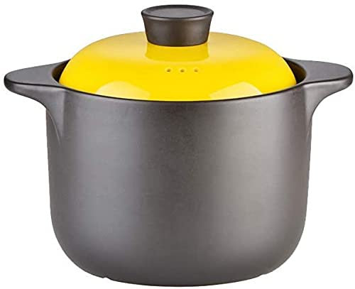SUNMME Kitchen Stoneware Cooking Pot Tureen Soup Casserole Dish with Lid, Soup//Earthen Pot with Double Handle and Yellow Lid, Ceramic Cookware, Round-3.5 L