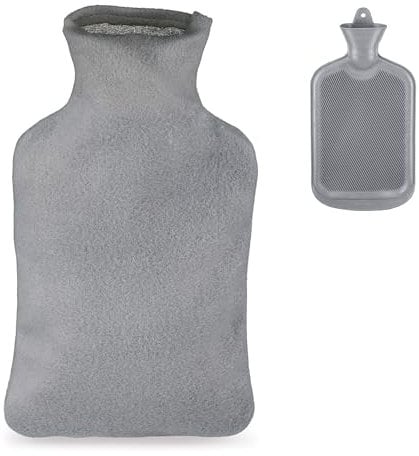 Relaxdays Wärmflasche, Gummiwärmflasche mit Vlies-Bezug, 1,5l Volumen, große Bettflasche für Kinder & Erwachsene, grau