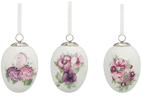 H.Bauer jun. kleine weiße Keramik Deko Eier - Bunte Motiv-Eier mit Blumen Bedruckt 5 x 7 cm zum Aufhängen - 3-teiliger Oster- oder Frühlingsschmuck für Bäume, Sträucher, Fenster oder Türen