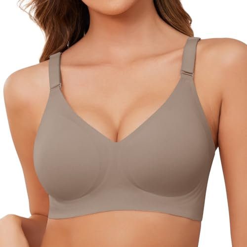 Lonya Bras for Women Push Up Seamless Non Wired Support Full Coverage Ladies V Neck Wireless Bra Comfort Adjustable Padded Zero Feel Bralettes, Grey, S