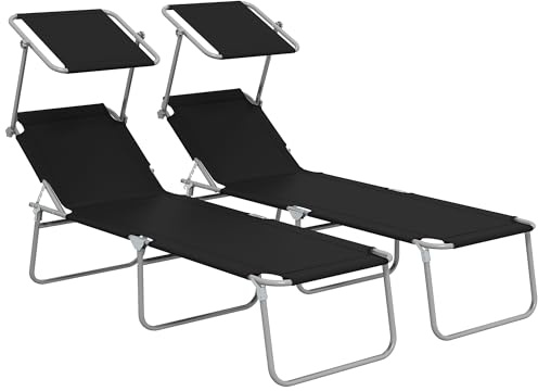 Outsunny Conjunto de 2 Tumbonas Plegables con Toldo 187x58x36 cm Negro