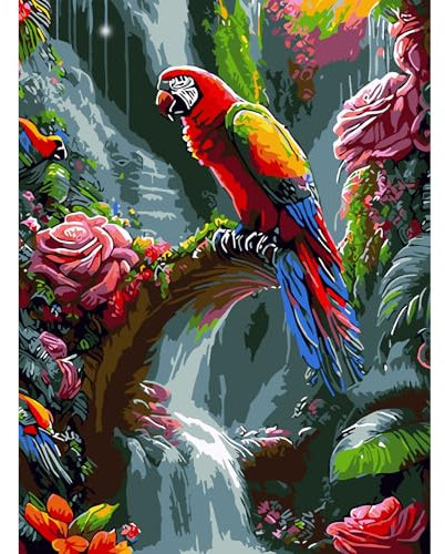 AIRDEA Perroquet Peinture Numero Adulte, DIY Kit Activité Manuelle Peinture Acrylique, Cascade Peinture par Numero Adulte avec Pinceaux et Acryliques pour la Décoration Maison 30x40 cm (Pas de Cadre)